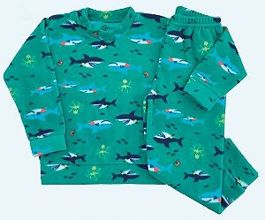 Conjunto Soft Verde Estampa Tubarões Tamanho 4 a 8