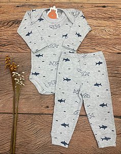 Conjunto Body e Calça Infantil Canelado Mescla Tubarão