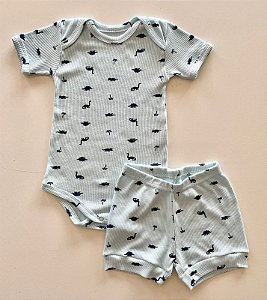 Conjunto Body e Shorts Infantil Canelado Azul Bebê Estampa Dinossauro