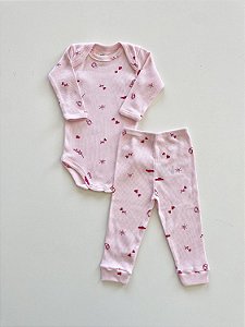 Conjunto Body e Calça Bebê Canelado Rosa Estampa Borboleta