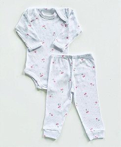 Conjunto Body e Calça Bebê Canelado Estampa Cerejinhas