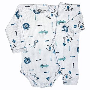 Conjunto Body e Calça Bebê Canelado Estampa Safari Azul