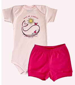 Conjunto Body e Shorts Bebê Rosa e Pink Estampado Baleia