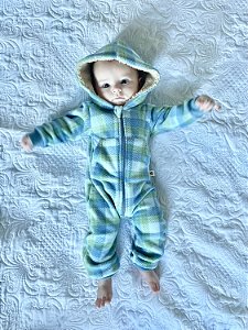 Macacão Bebê Soft Xadrez Azul e Verde com Capuz Peluciado