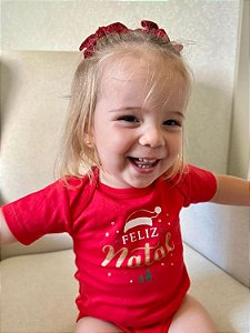 Body Manga Curta Bebê 100% Algodão Suedine Vermelho Feliz Natal