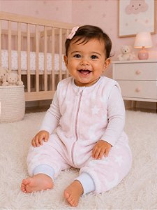 Saco de Dormir Infantil com Pezinho Cor Rosa Claro em Fleece Céu Brilha no Escuro