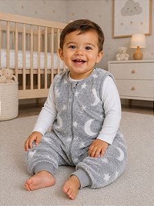 Saco de Dormir Infantil com Pezinho Cor Cinza em Fleece Céu Brilha no Escuro
