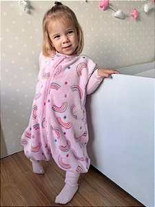 Saco de Dormir Infantil com Pezinho em Fleece Cor Rosa Claro Estampas Arco-Íris