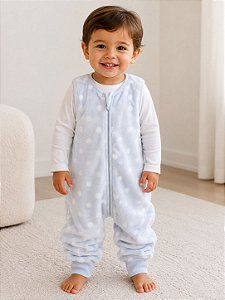 Saco de Dormir Infantil com Pezinho em Fleece Cor Azul Claro Estampas Poá Bolinhas Brancas Brilha no Escuro