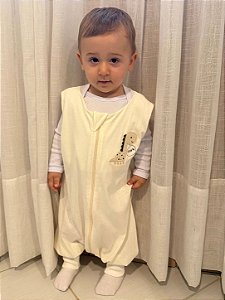 Saco de Dormir Infantil com Pezinho em Malha 100% Algodão Cor Off Liso Bordado Dino