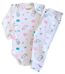 Conjunto Body e Calça Infantil Canelado Estampa Baby Cat