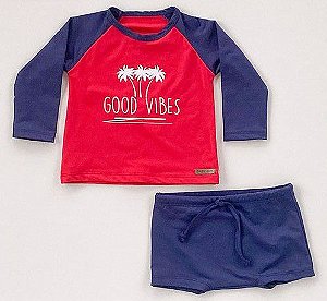 Conjunto Praia Blusa e Sunga Good Vibes Marinho e Vermelho com Proteção UV