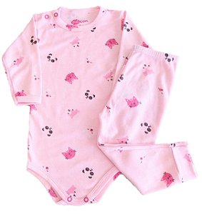 Conjunto Body e Calça Bebê Suedine Pink Animals