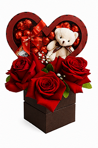 Arranjo Romance Chocolate & Rosas Colombianas Premium