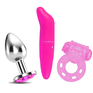 Kit Vibrador Ponto G + Plug Anal em Aço com jóia tamanho P + Anel Peniano com cápsula vibratória