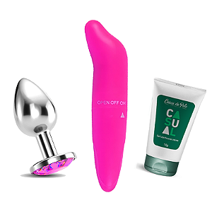 Kit Plug Anal em Aço com Jóia tamanho P + Vibrador Ponto G + Gel Lubrificante Anal Casual 10g