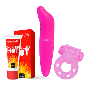 Kit - Vibrador Ponto G + Anel Peniano com cápsula vibratória + Lubrificante Skinlub Hot 20ml