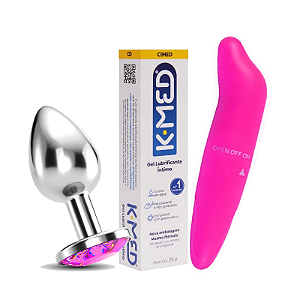 Kit - Plug Anal em Aço com Jóia tamanho P + Vibrador Ponto G + Lubrificante K-Med gel 25g