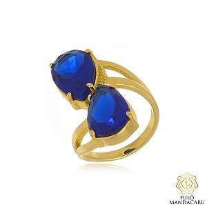 Anel Duplo Duas Gotas Zircônia Azul Ouro 18k