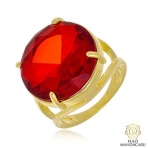 Anel Solitário Grande Zircônia Vermelha Ouro 18k