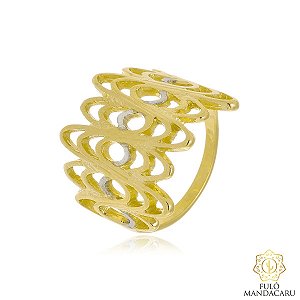 Anel Largo Vazado Ondas Bicolor Ouro 18k