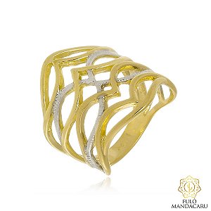 Anel Largo Geométrico Vazado Bicolor Ouro 18k
