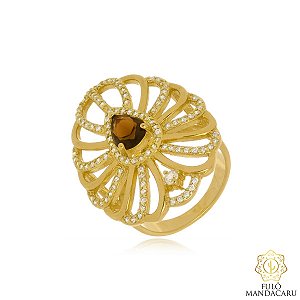 Anel Gota com Pedra Âmbar e Zircônias – Banhado em Ouro 18K | Fulô Mandacaru