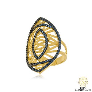 Anel Folha com Pedras Azuis em Ouro 18K ou Ródio Branco – Fulô Mandacaru