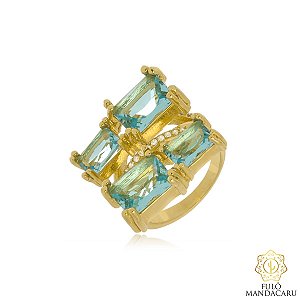 Anel Quadrado com Pedras Água-Marinha – Banhado em Ouro 18K e Ródio Branco | Fulô Mandacaru