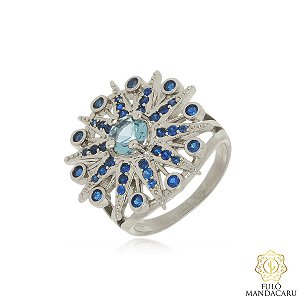 Anel Estrela com Pedras Azuis – Semijoia em Ródio Branco | Fulô Mandacaru