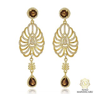 Brinco Leque com Pedras Âmbar e Zircônias – Banhado em Ouro 18K | Fulô Mandacaru