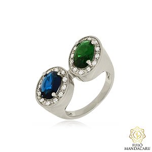 Anel Duplo com Pedras Azuis e Verdes em Ródio Branco – Fulô Mandacaru