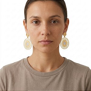 Brinco Maxibrinco Pendente Sol Bicolor Ouro 18k e Ródio