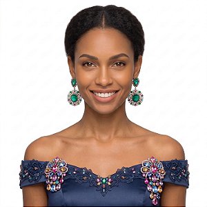 Brinco Pendente Mandala Colorido Ródio Branco Cristais e Zircônias