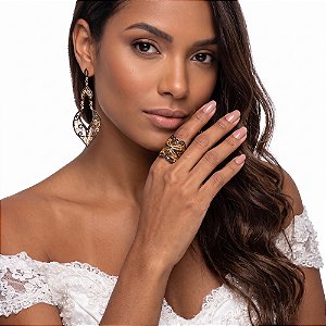 Conjunto Semijoia Ouro 18k e Ródio Negro Arabesco | Brinco Chandelier e Anel Largo