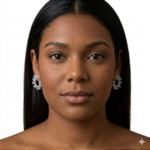 Brinco Semijoia Ear Cuff Ródio Branco com Gotas Azul Aquamarine