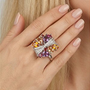 Anel Semijoia Ródio Branco Flor Multicolorido Gotas e Zircônias