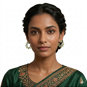Brinco Semijoia Ear Cuff Ródio Branco com Gotas Verde Oliva