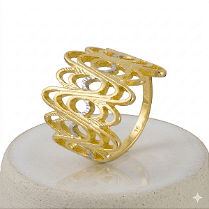 Anel Largo Vazado Bicolor Folheado a Ouro 18k e Ródio Branco