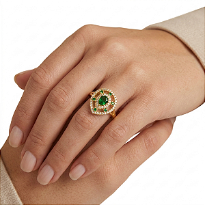 Anel Semijoia Ouro 18k Mandala Verde Esmeralda e Zircônias