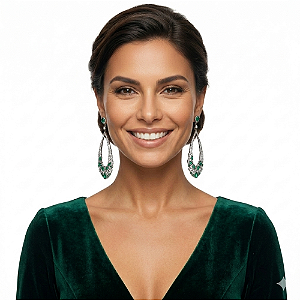 Brinco Chandelier Ródio Negro Verde Esmeralda e Zircônias