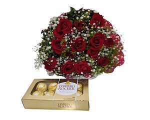 Buquê 12 Rosas Vermelhas ou Coloridas com Ferrero Rocher 8 unidades ou Chocolate Importado