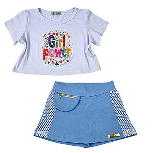 Conjunto Short Saia Azul com Blusa Cropped