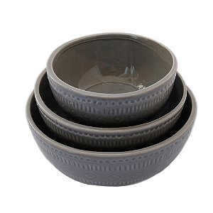 Conjunto de 3 Tigelas de Cerâmica Cinza com Relevo