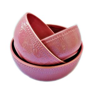 Conjunto 3 Tigelas de Cerâmica Rosa com Relevo