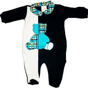 Macacão Suedini Masculino Urso Xadrez Azul e branco