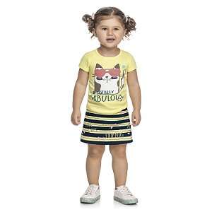 Conjunto Infantil Menina Camiseta Saia Gatitta Listras Amarelo