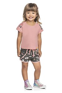 Conjunto Infantil Menina Camiseta Shorts Love Rock Rosa
