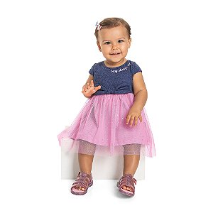 Vestido Bebê Menina Molecotton Jeans Tule Petit Rosa TIme Kids
