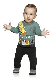 Conjunto Inverno Bebê Unissex Camiseta Calça Moletom Girafinha Verde